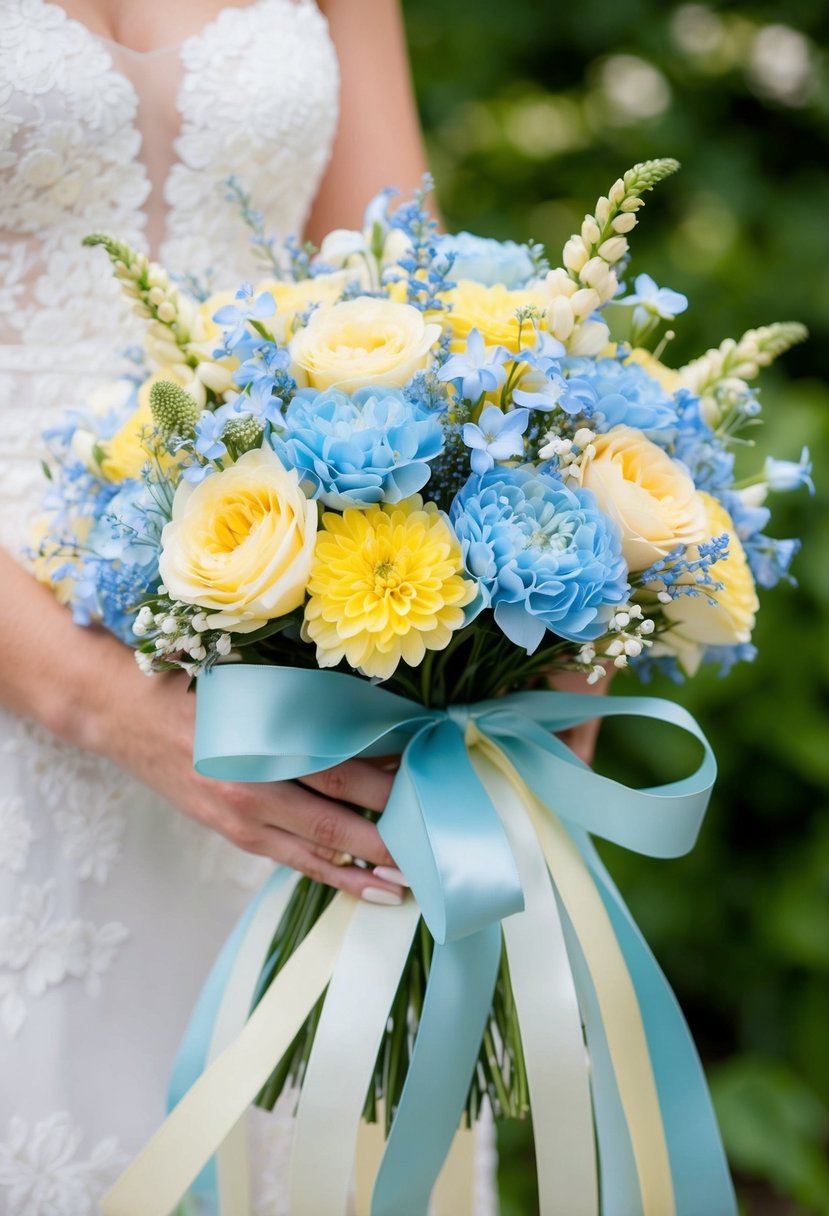 A delicate bouquet of powder blue and pale yellow ribbons tied around a cluster of yellow and blue flowers, arranged in a romantic and elegant wedding style