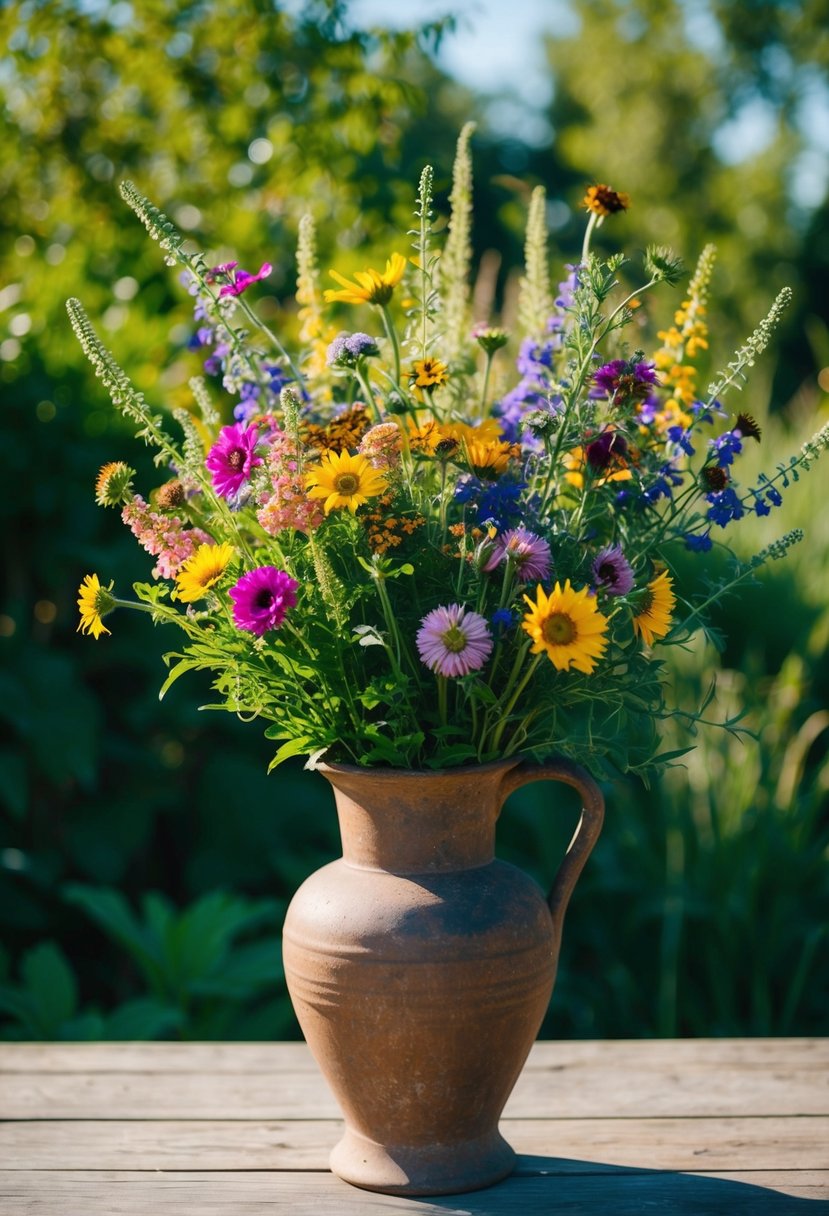 A lush, colorful mix of wildflowers in a rustic vase, set against a natural backdrop of greenery and sunlight