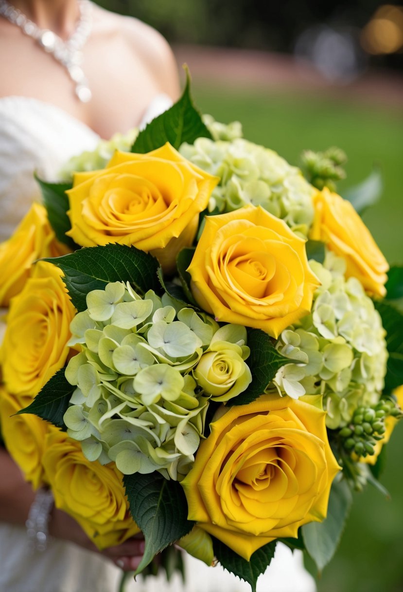 A vibrant wedding bouquet with yellow roses and green hydrangeas