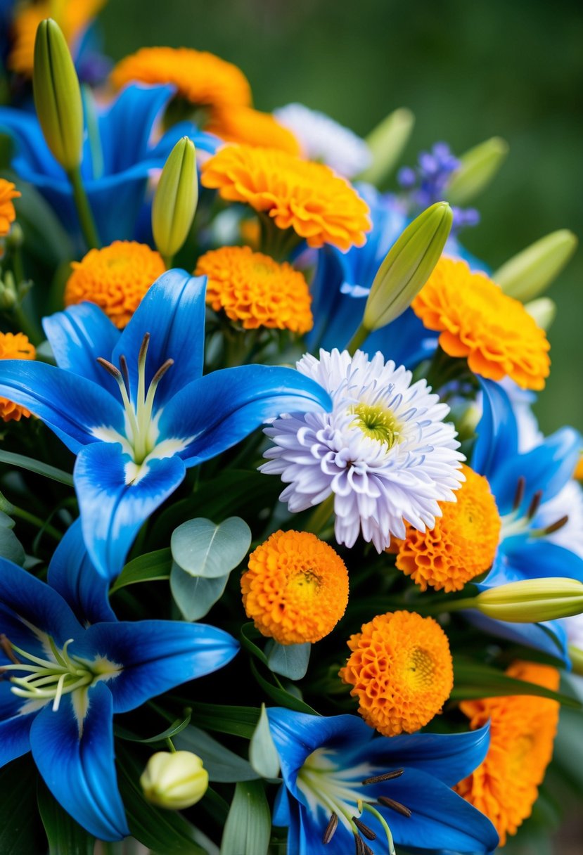 A vibrant wedding bouquet of cerulean blue lilies and golden marigolds