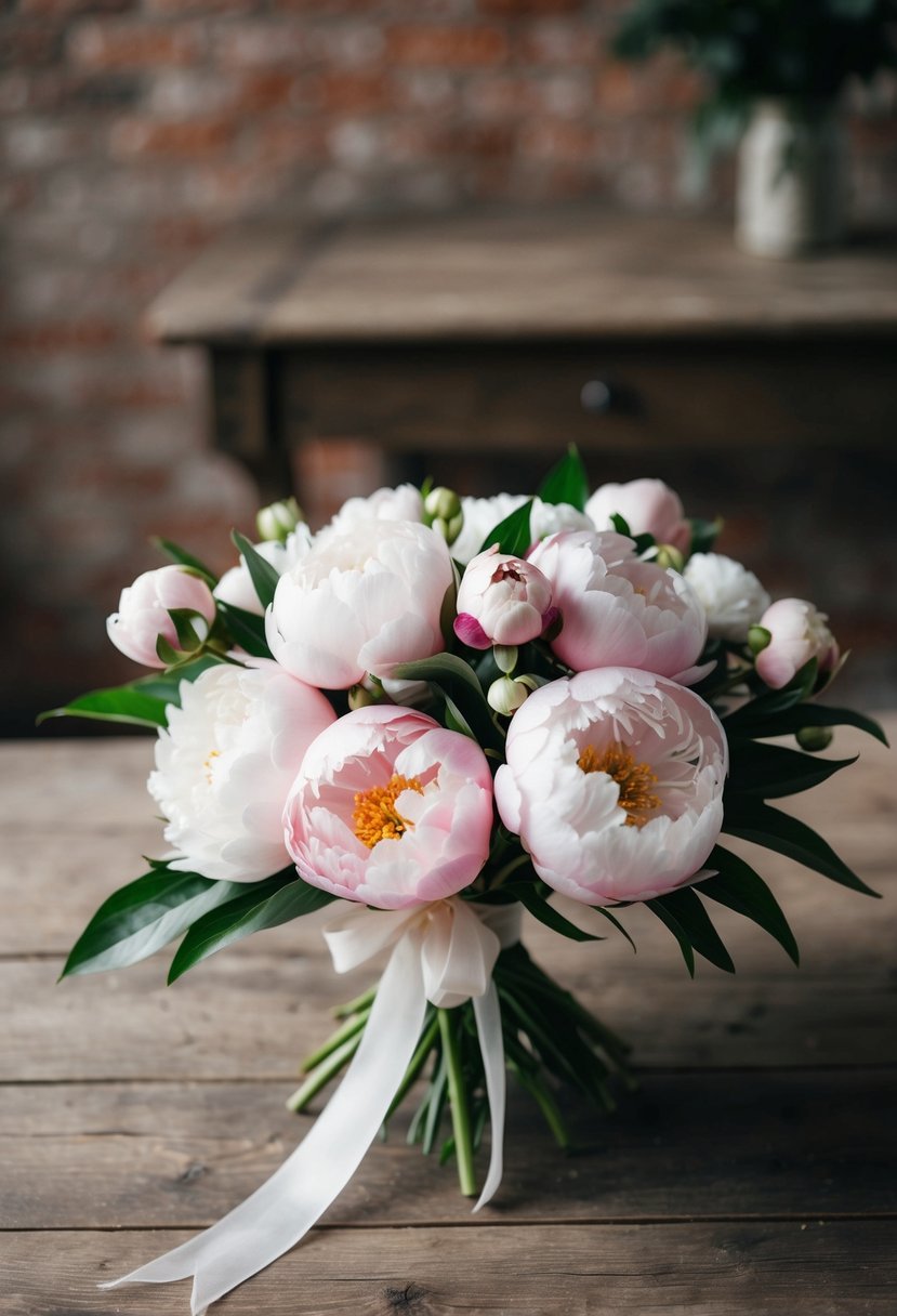 A lush peony posy in soft pinks and whites, tied with a delicate ribbon, rests on a rustic wooden table