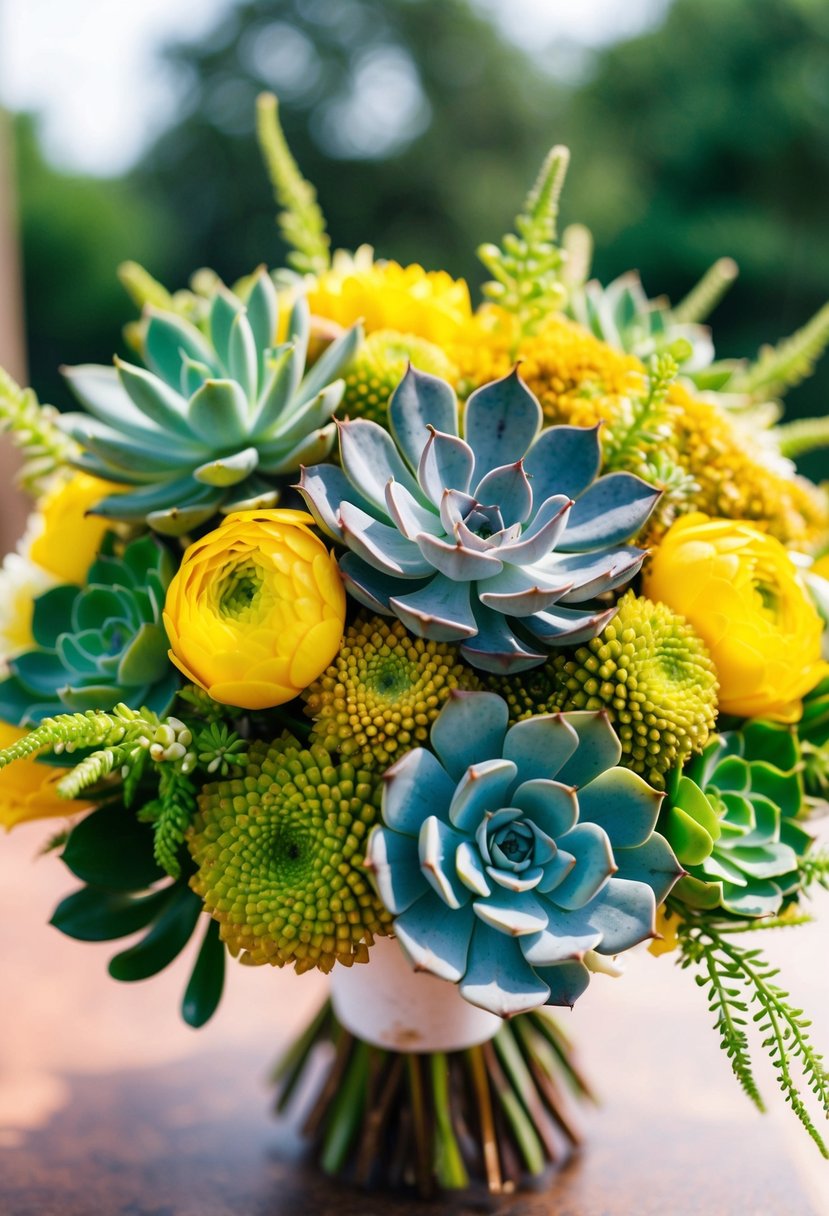 A vibrant wedding bouquet featuring a mix of yellow and green succulents, adding texture and depth to the arrangement