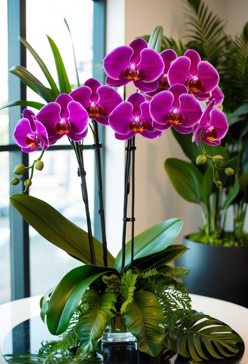 A vibrant tropical orchid bouquet, with large, colorful blooms and lush green foliage, arranged in an elegant and modern style