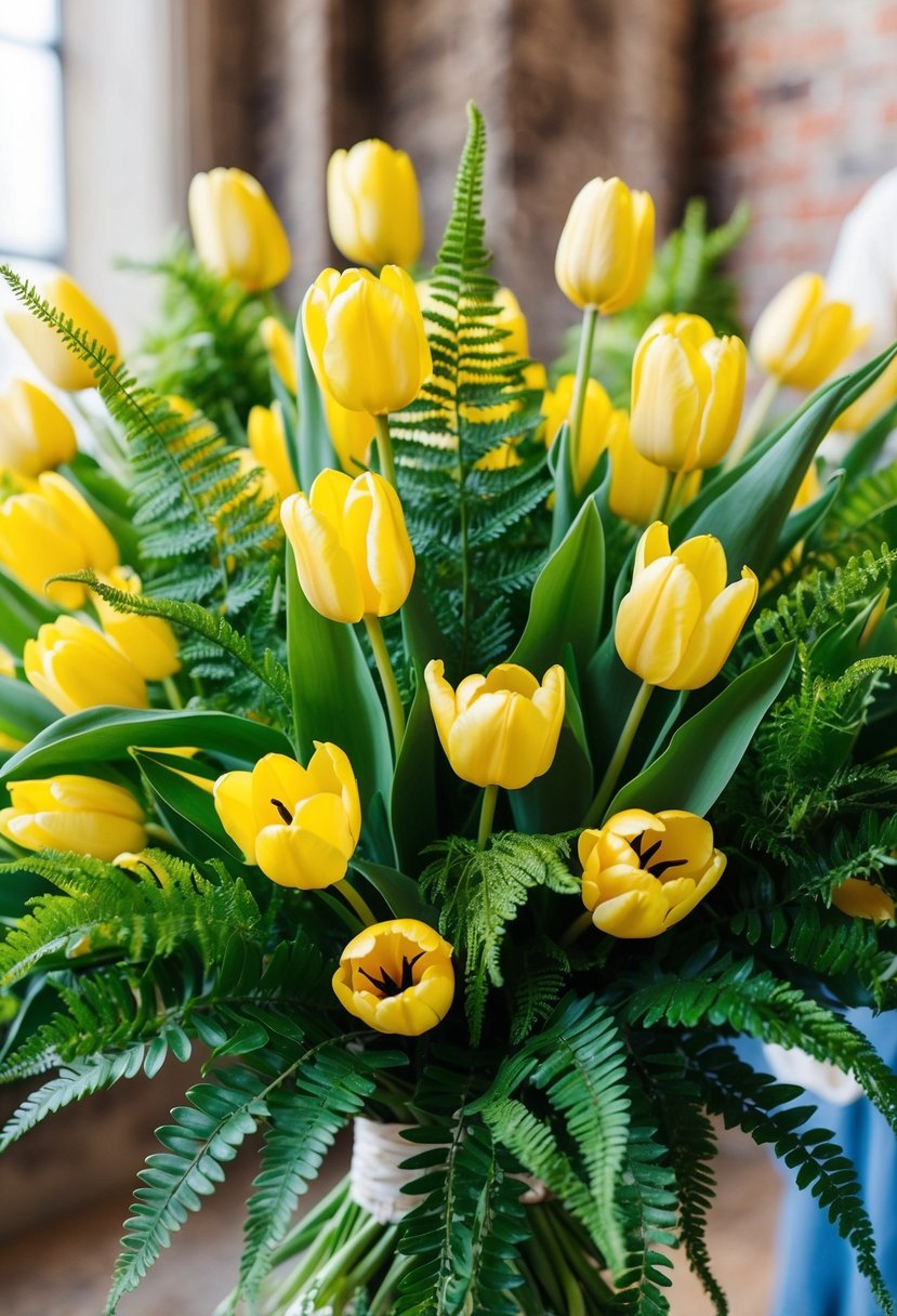 A vibrant bouquet of yellow tulips and green ferns intertwined in a beautiful wedding arrangement