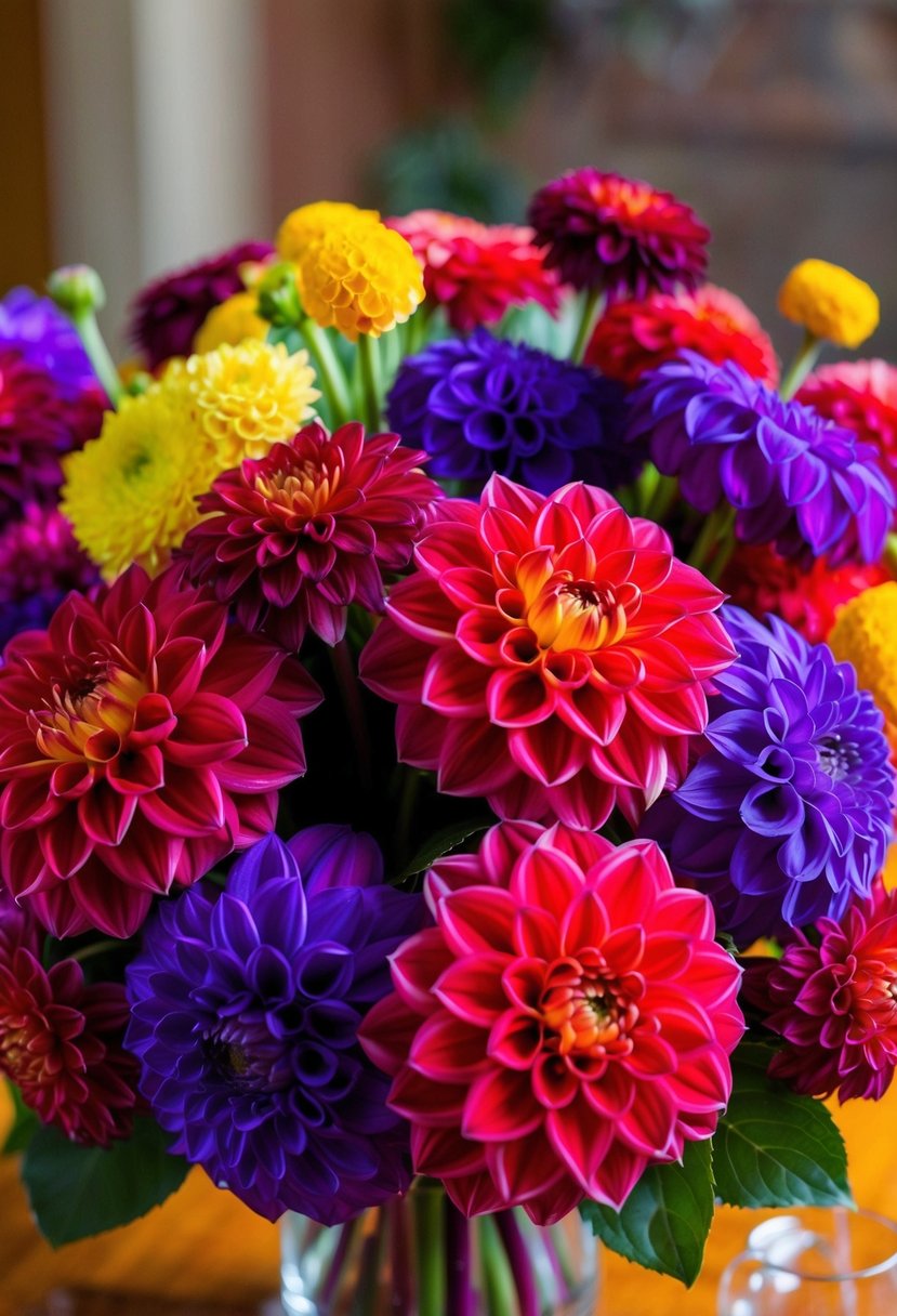 Vibrant dahlia bouquet centerpiece with bold, contrasting colors