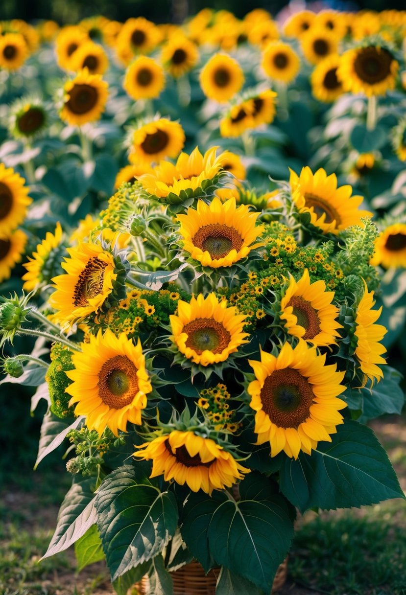 A vibrant bouquet of sunflowers and greenery, bursting with color and warmth