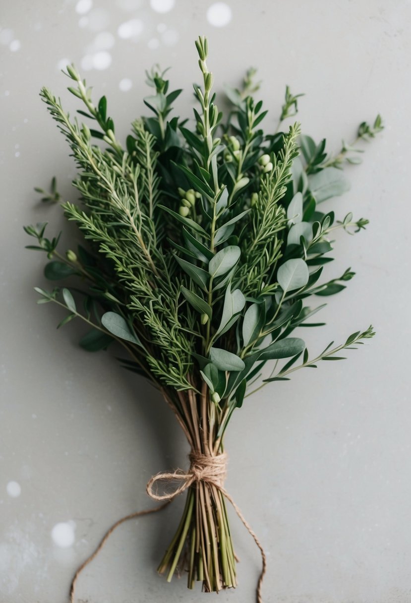 A simple bunch of greenery tied with twine, arranged in a loose and natural style