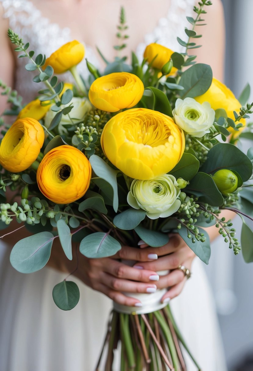 A vibrant bouquet of yellow ranunculus and green eucalyptus, intertwined in a delicate and elegant wedding arrangement