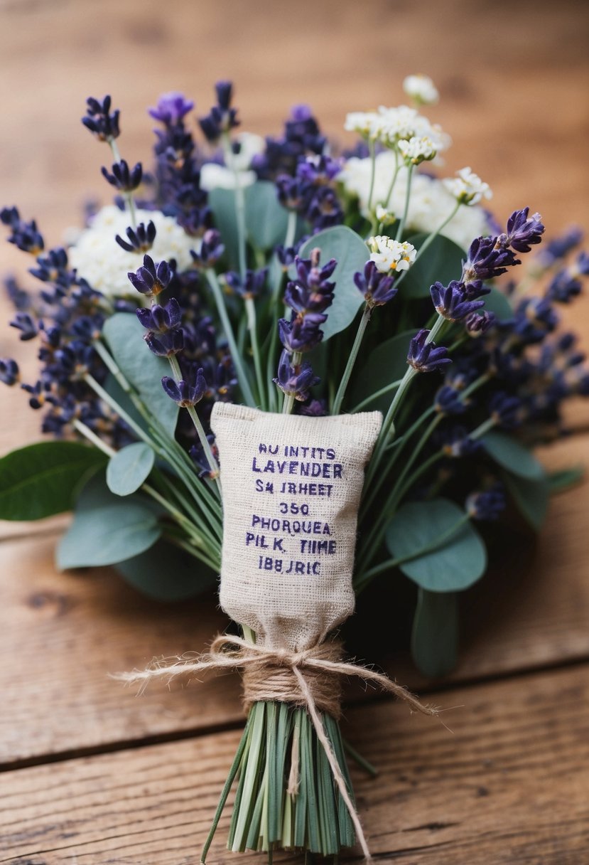 A vintage lavender sachet tied to a rustic wedding bouquet