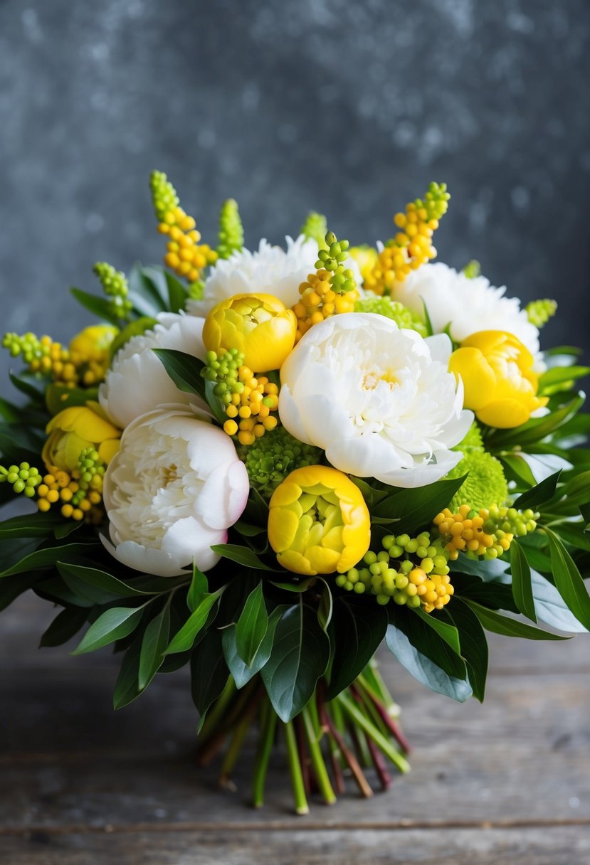 A lush bouquet of peonies and hypericum berries in yellow and green