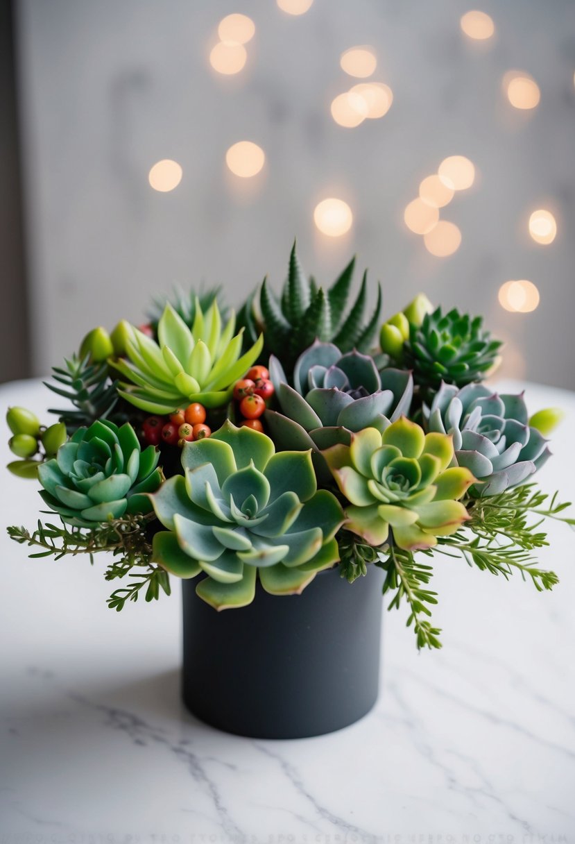 A modern succulent bouquet arranged in a sleek, minimalist style, with a mix of different types of succulents in varying shades of green and pops of color from small flowers or berries