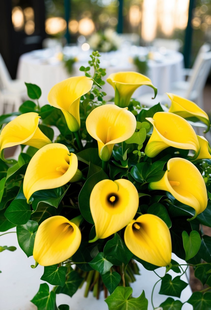 A vibrant wedding bouquet of yellow calla lilies and green ivy