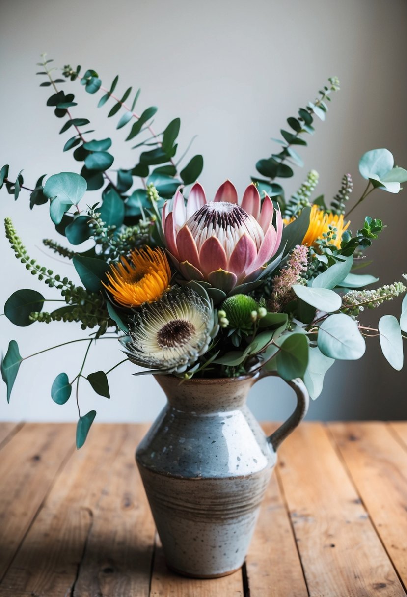 A vibrant protea bouquet arranged with eucalyptus and other wildflowers in a rustic vase