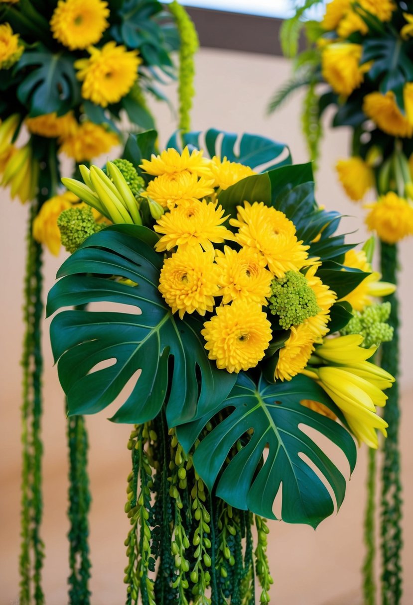 A vibrant bouquet of yellow chrysanthemums and green monstera leaves arranged in a cascading style