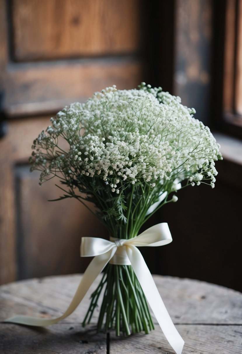 A delicate bouquet of baby's breath, tied with a satin ribbon, sits on a rustic wooden table