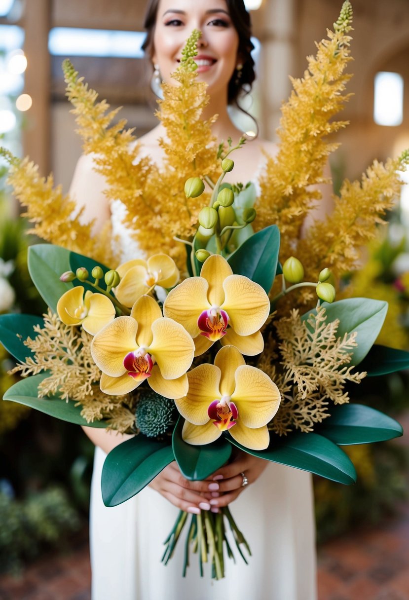 Golden orchids and dusty miller leaves arranged in a vibrant wedding bouquet