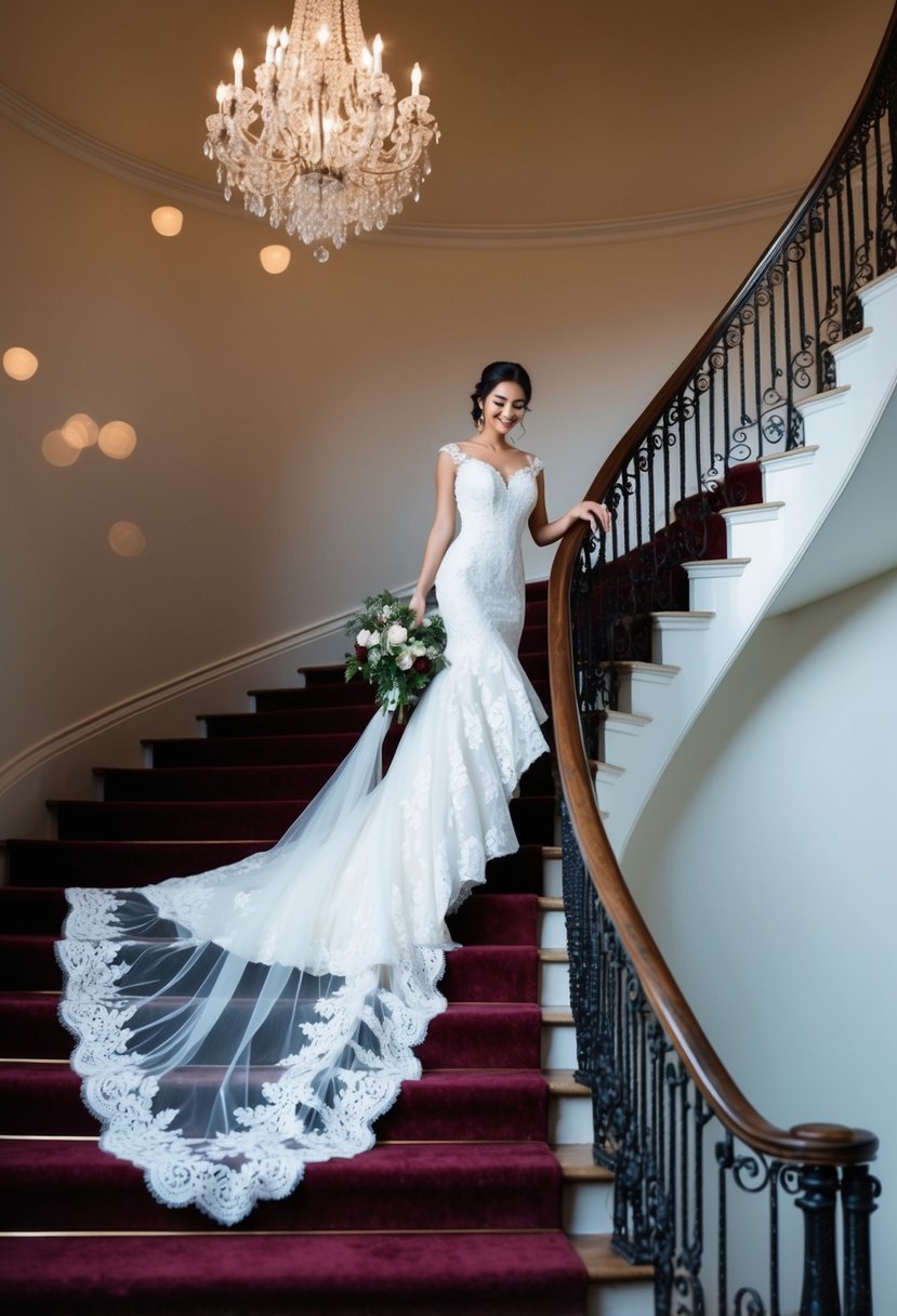 A lace mermaid wedding dress flowing down a grand staircase