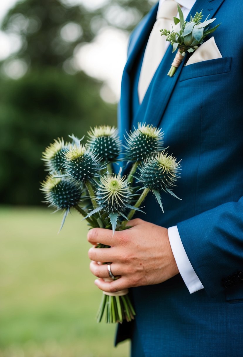 A groom's hand holding a bouquet of edgy blue thistles