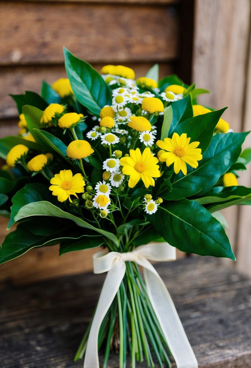 A lush bouquet of yellow chamomile and green bay leaves, tied with a delicate ribbon