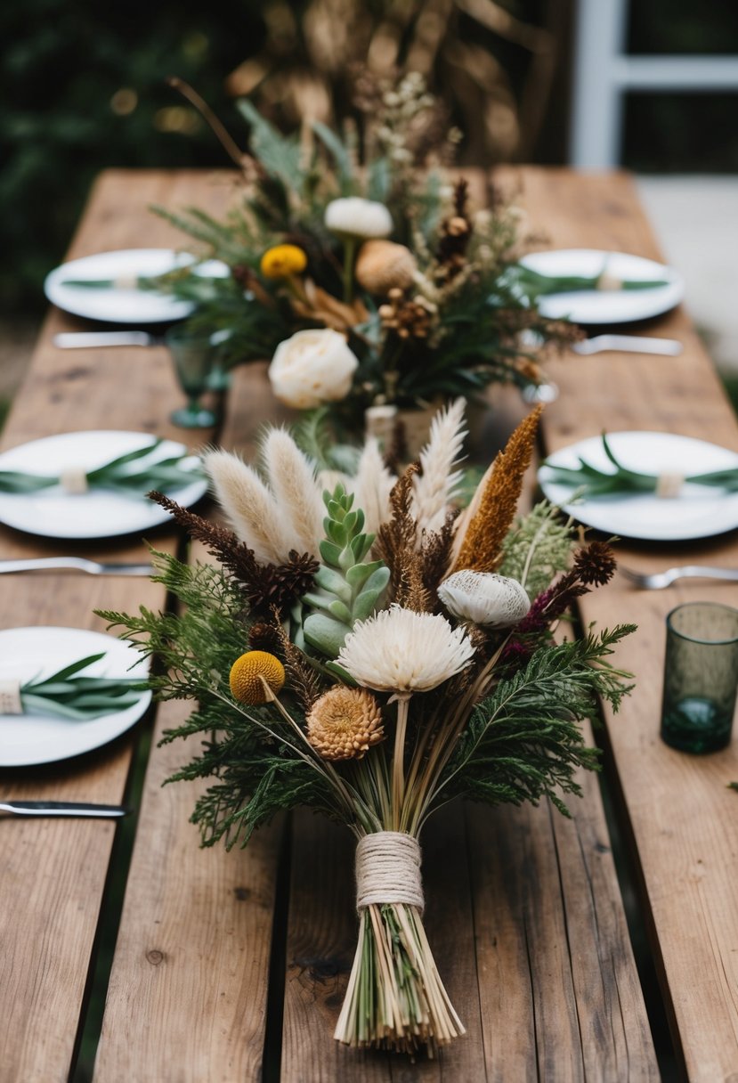 A rustic wooden table with various dried flowers and greenery arranged in a natural and eco-friendly groom wedding bouquet