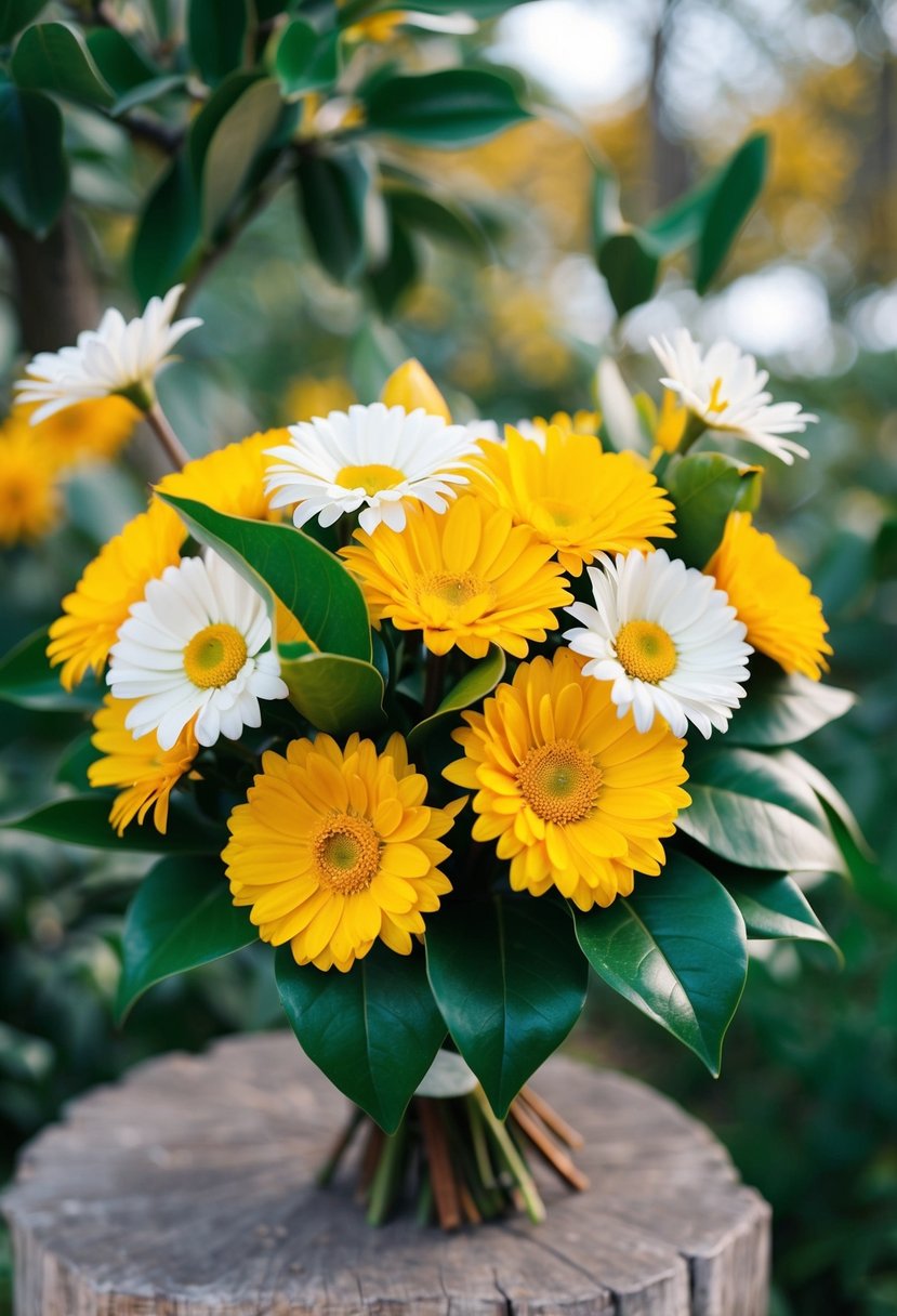 A vibrant bouquet of daisies and magnolia leaves in yellow and green