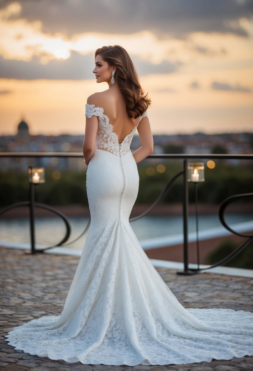 A lace mermaid gown draped off the shoulders, cascading into a dramatic train, set against a romantic backdrop