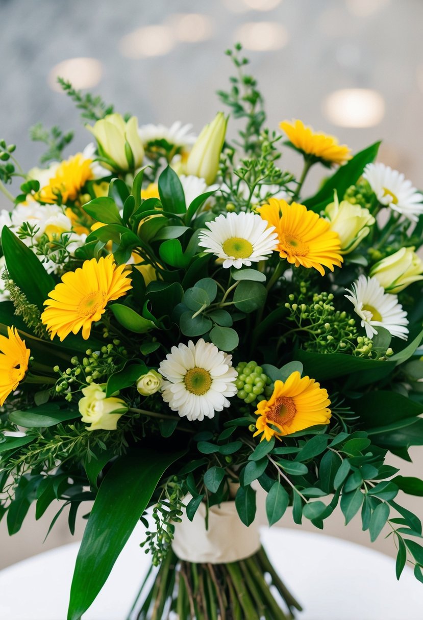 A lush arrangement of greenery and yellow daisies, intertwined to create a vibrant and natural wedding bouquet