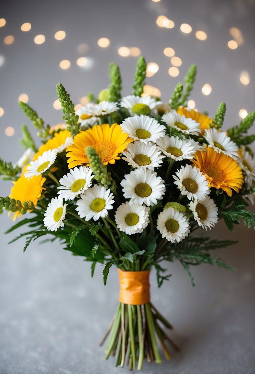 A vibrant bundle of daisies arranged in a playful and whimsical manner, perfect for a groom's wedding bouquet