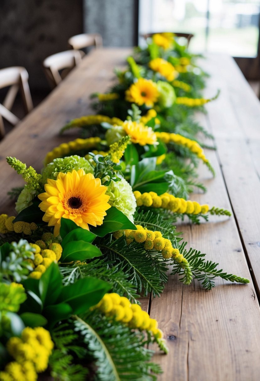 A lush greenery garland with vibrant yellow accents drapes across a rustic wooden table, accompanied by a stunning bouquet of yellow and green flowers