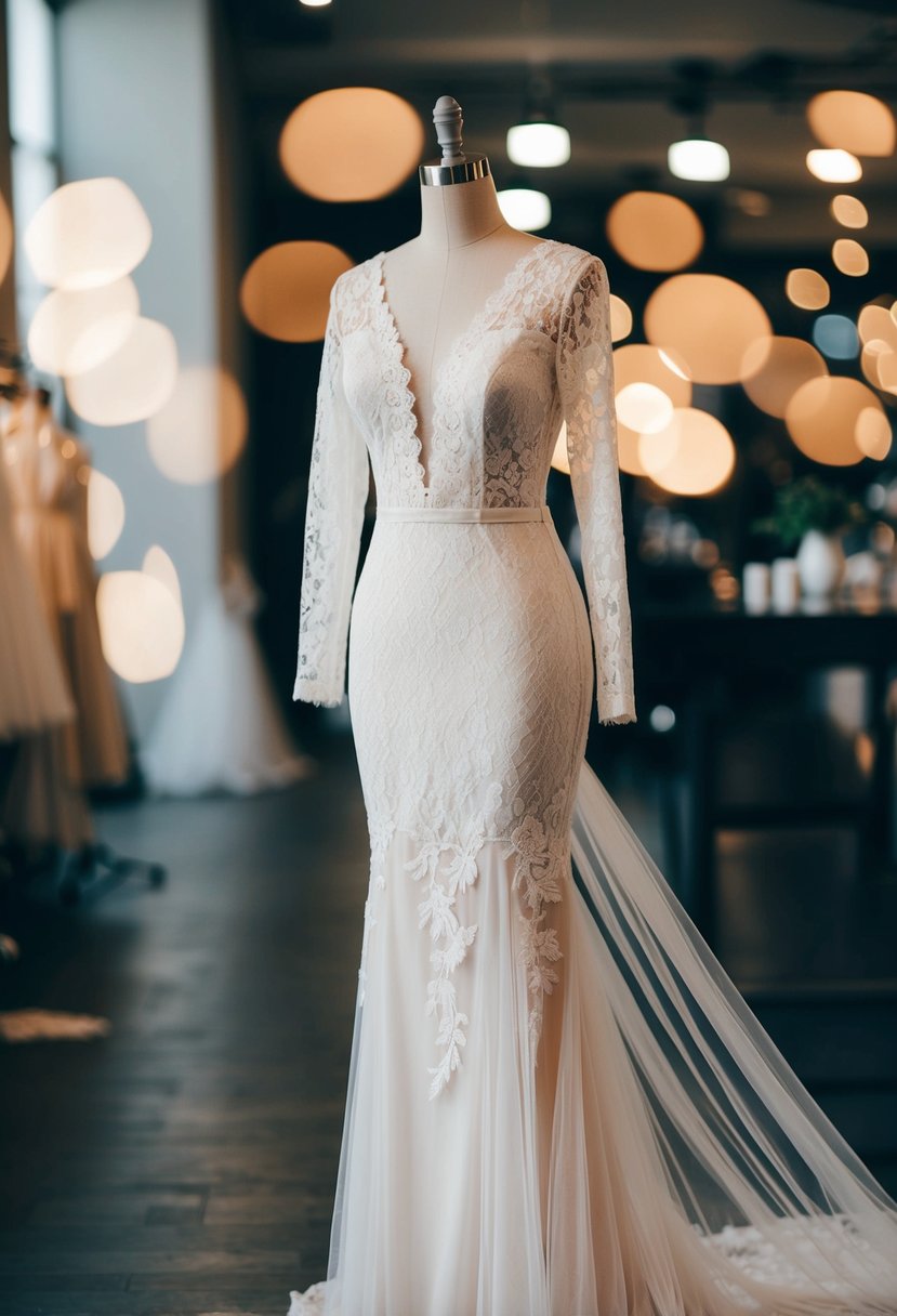 A long-sleeve lace and tulle mermaid dress draped over a mannequin