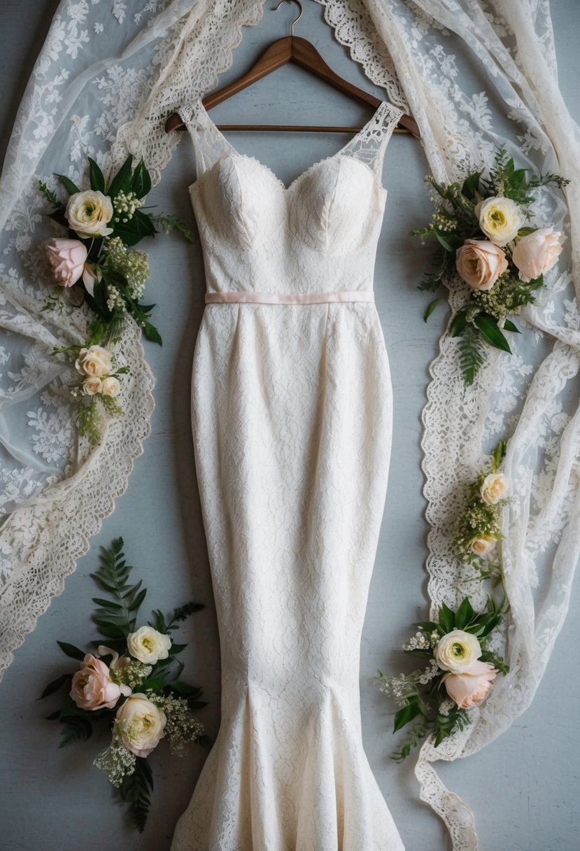 A vintage-inspired lace mermaid dress hanging on a rustic wooden hanger, surrounded by delicate lace fabric and floral accents