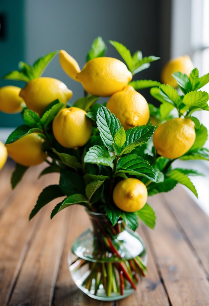 A vibrant bouquet of yellow lemon leaves and green mint sprigs