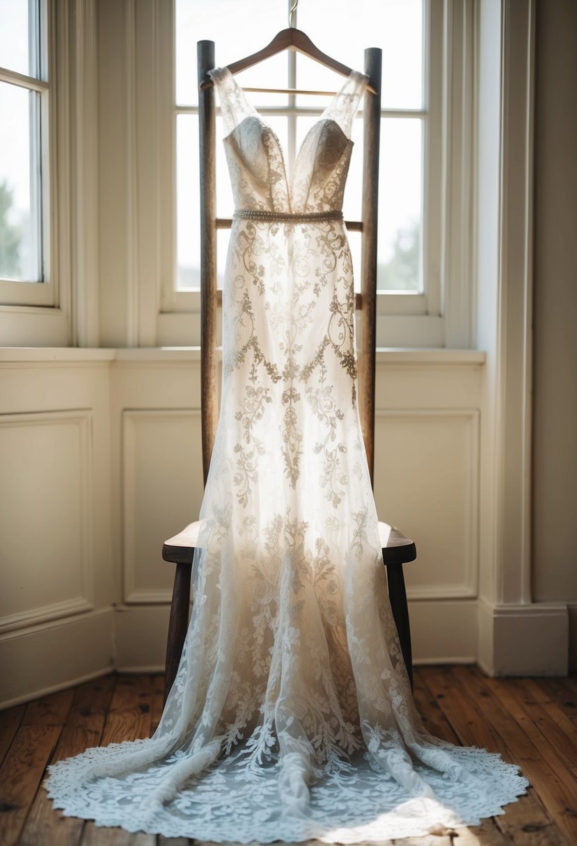 A bohemian lace mermaid wedding gown draped over a rustic wooden chair in a sunlit room