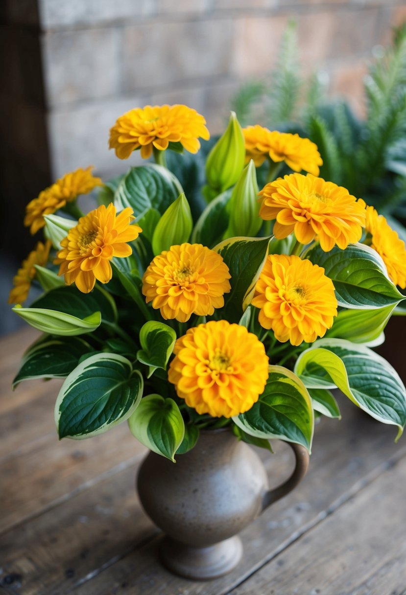 A vibrant bouquet of yellow zinnias and green hostas, arranged in a rustic vase