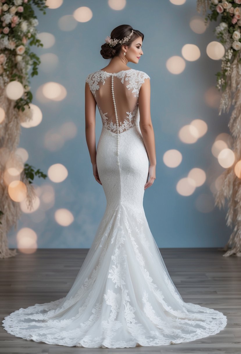 A stunning lace mermaid bridal dress with illusion back detail, cascading train, and intricate floral lace motifs