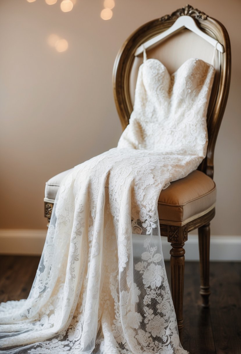 A lace mermaid wedding gown draped over a vintage wooden chair