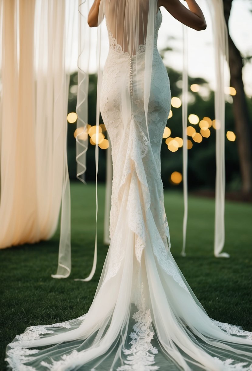 A cascading waterfall of layered lace and organza creates a stunning mermaid wedding dress silhouette