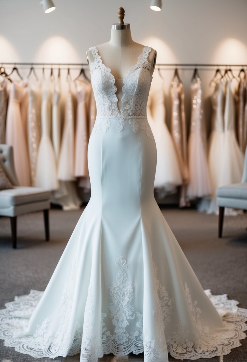 A mermaid dress with a scalloped lace hem drapes over a mannequin in a softly lit bridal boutique