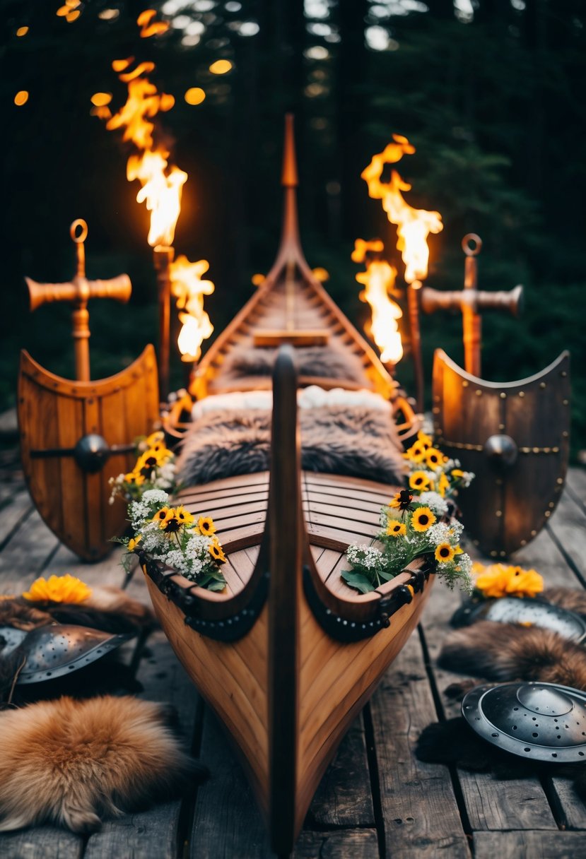 A wooden longship adorned with wildflowers and fur, surrounded by flickering torches and rugged Viking shields