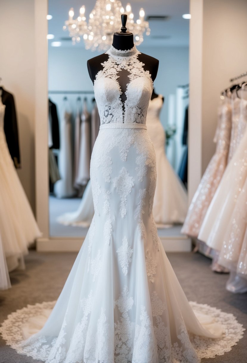 A high-neck lace mermaid bridal gown displayed on a mannequin in a softly lit bridal boutique