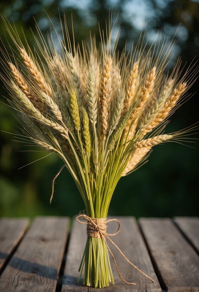 A rustic bouquet of wheat and oat stalks tied with twine