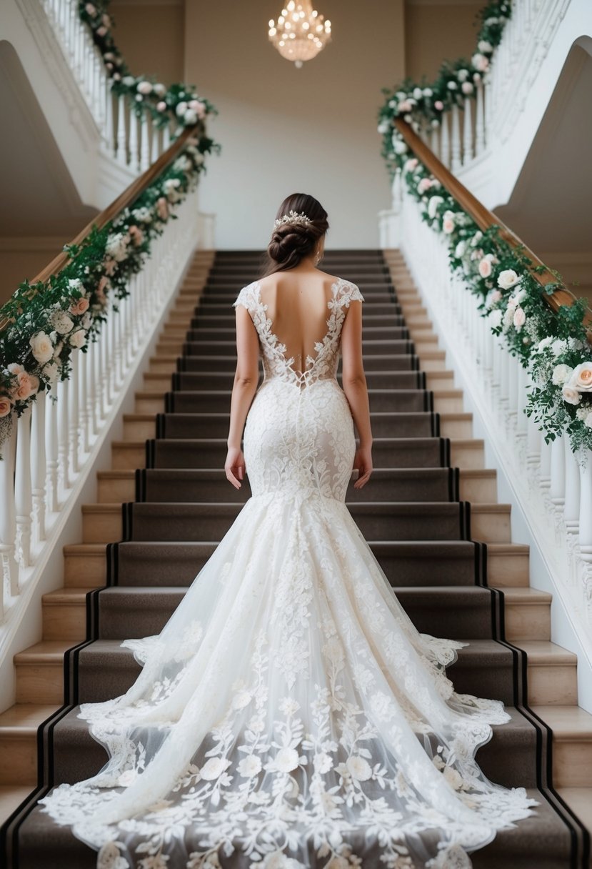 A delicate lace mermaid dress adorned with intricate floral embroidery cascades down a grand staircase