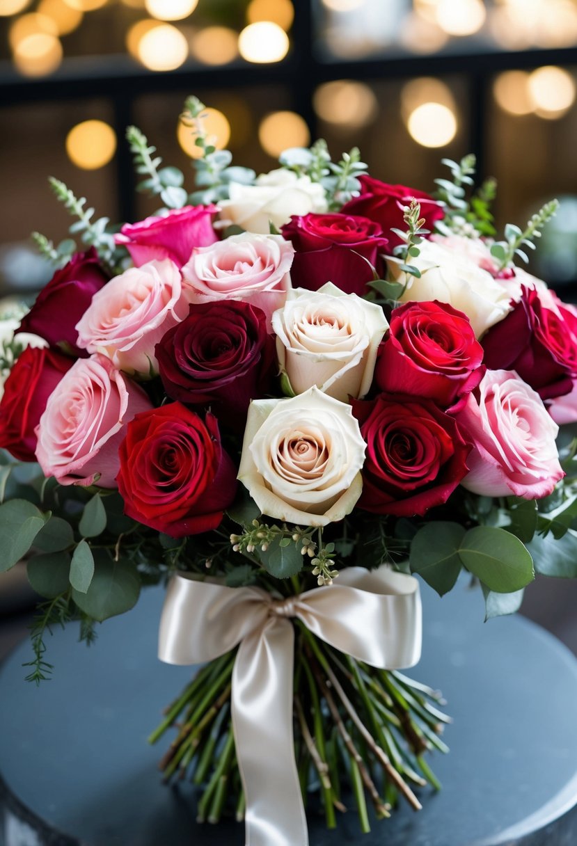 A lush bouquet of roses in shades of pink, red, and white, arranged with greenery and tied with satin ribbon