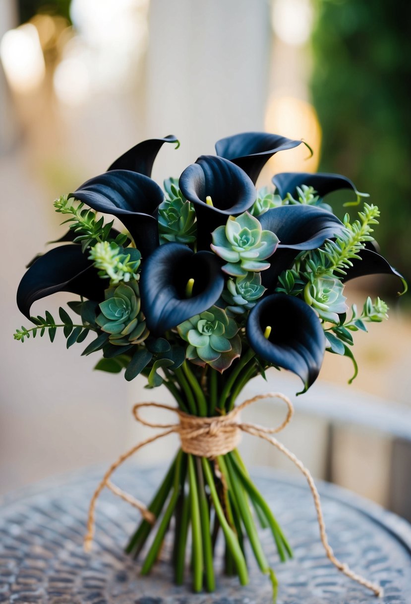 A bouquet of black calla lilies mixed with succulents, tied with twine