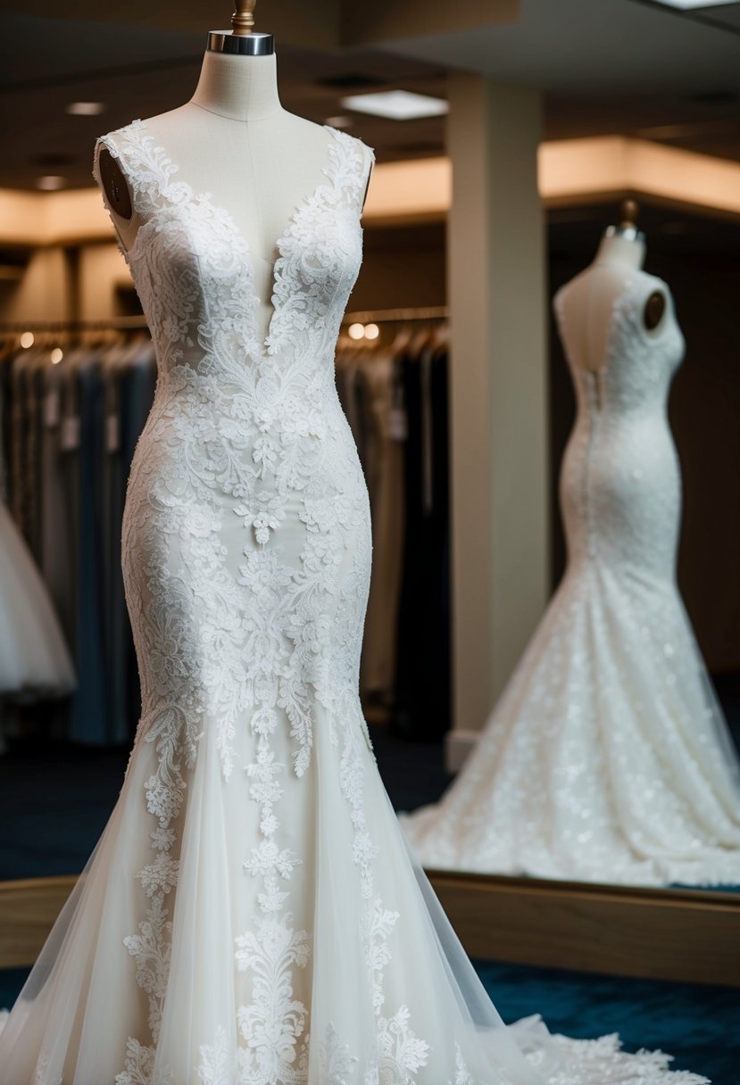 An elegant ivory lace mermaid wedding gown displayed on a mannequin