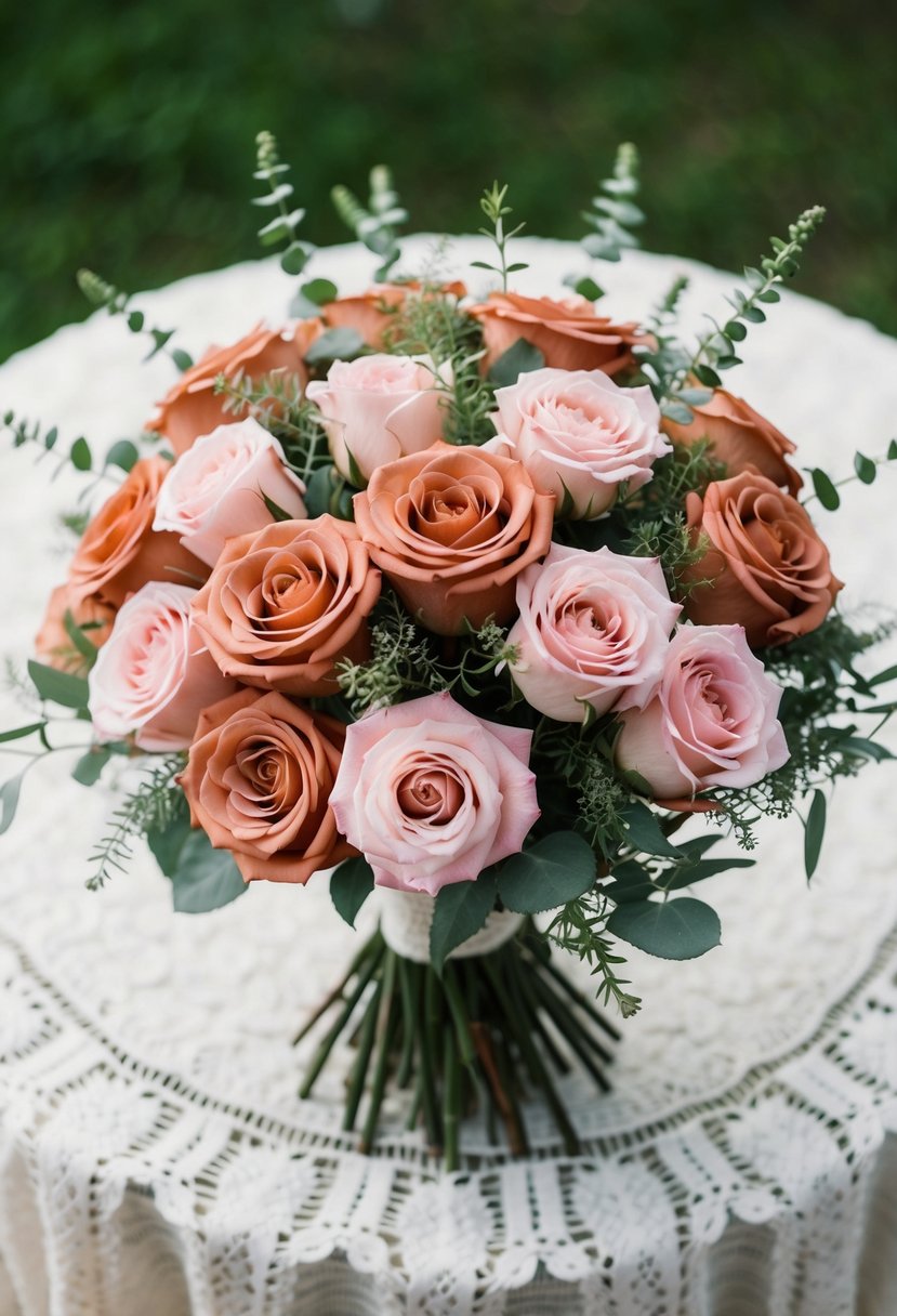 A bouquet of soft terra cotta and pink roses, surrounded by delicate greenery, sits on a vintage lace tablecloth