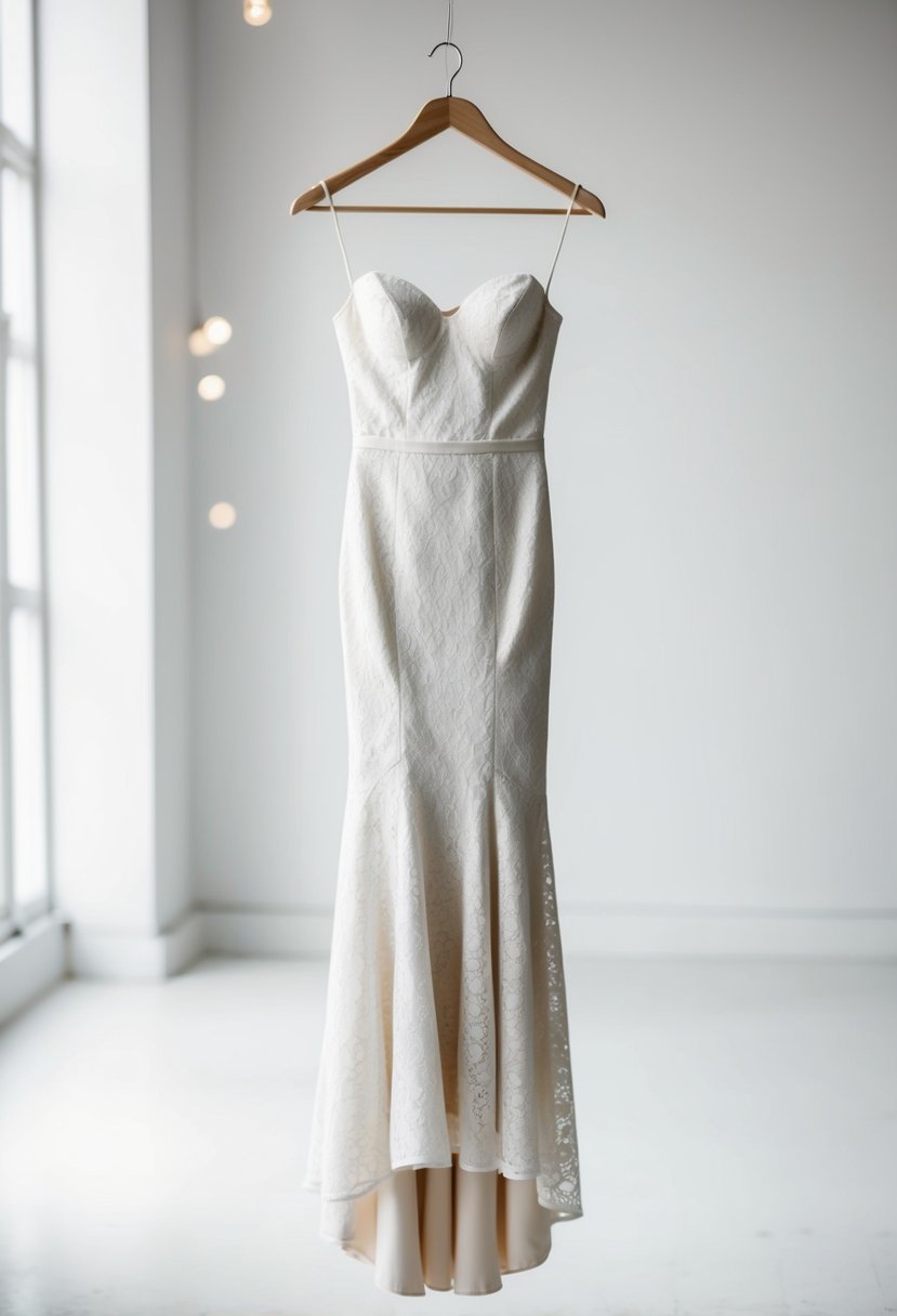 A sleek lace and crepe mermaid dress hangs on a minimalist wooden hanger against a clean, white backdrop