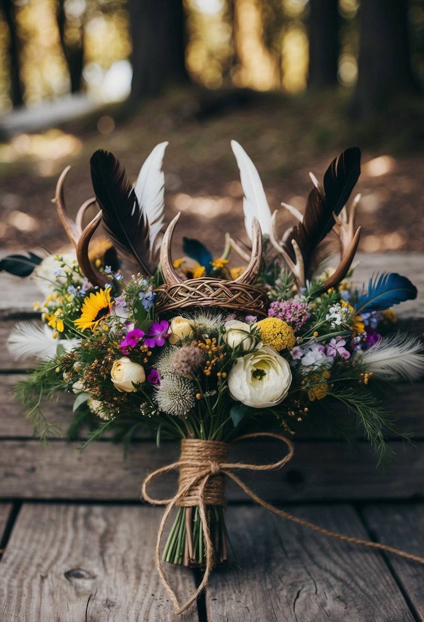 A Viking-inspired bouquet of intricate floral crowns and wildflowers, tied with rustic twine and adorned with feathers and antlers