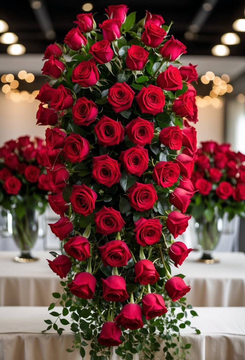 A cascading bouquet of red roses, arranged in a romantic and elegant manner