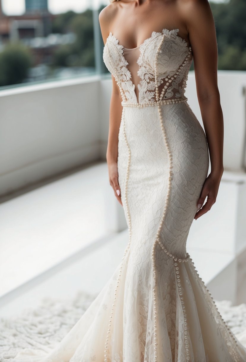 A stunning lace mermaid dress with delicate pearl accents cascading down the bodice and trailing along the hem